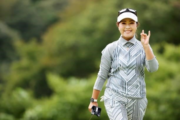 Serena Aoki of Japan celebrates the birdie on the 8th green during the second round of the Miyagi TV Cup Dunlop Ladies Open at Rifu Golf Club on...