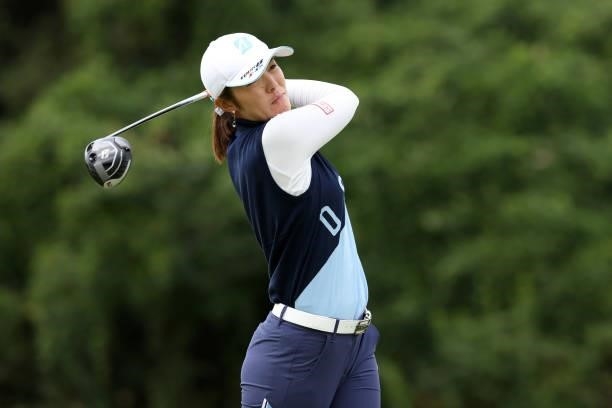 Ayaka Watanabe of Japan hits her tee shot on the 9th hole during the second round of the Miyagi TV Cup Dunlop Ladies Open at Rifu Golf Club on...