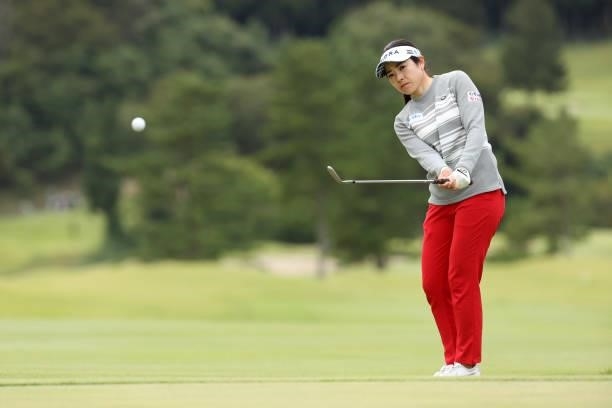 Sumika Nakasone of Japan chips onto the 9th green during the second round of the Miyagi TV Cup Dunlop Ladies Open at Rifu Golf Club on September 25,...