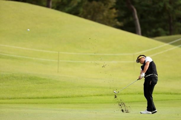 Haruka Kudo of Japan hits her third shot on the 18th hole during the second round of the Miyagi TV Cup Dunlop Ladies Open at Rifu Golf Club on...