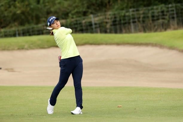 Hinako Shibuno of Japan hits her second shot on the 17th hole during the second round of the Miyagi TV Cup Dunlop Ladies Open at Rifu Golf Club on...
