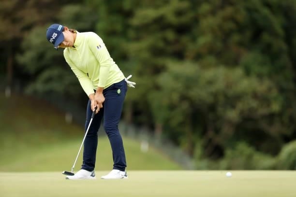 Hinako Shibuno of Japan attempts a putt on the 17th green during the second round of the Miyagi TV Cup Dunlop Ladies Open at Rifu Golf Club on...