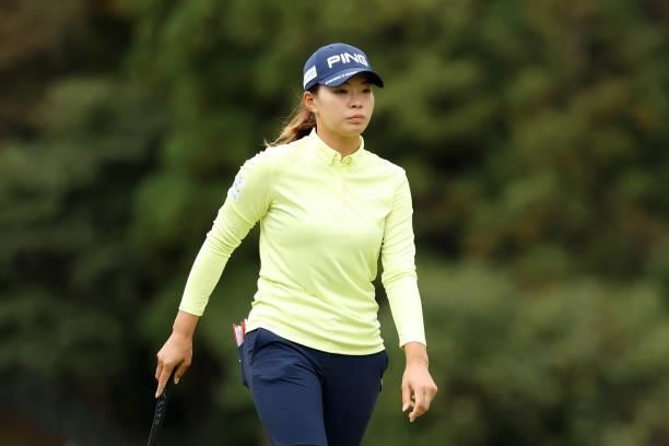 Hinako Shibuno of Japan reacts after a putt on the 17th green during the second round of the Miyagi TV Cup Dunlop Ladies Open at Rifu Golf Club on...