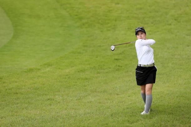 Yuna Nishimura of Japan hits her second shot on the 18th hole during the second round of the Miyagi TV Cup Dunlop Ladies Open at Rifu Golf Club on...