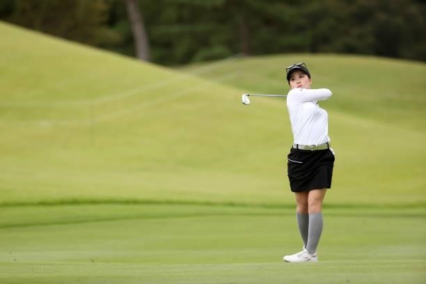 Yuna Nishimura of Japan hits her third shot on the 18th hole during the second round of the Miyagi TV Cup Dunlop Ladies Open at Rifu Golf Club on...