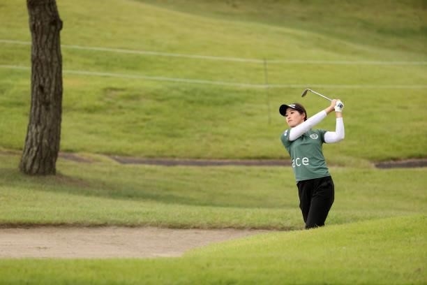 Nozomi Uetake of Japan hits out from a bunker on the 18th hole during the second round of the Miyagi TV Cup Dunlop Ladies Open at Rifu Golf Club on...