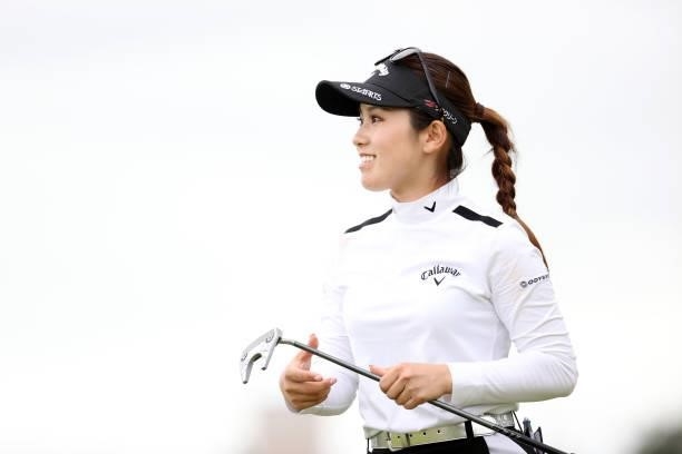 Yuna Nishimura of Japan smiles after holing out on the 18th green during the second round of the Miyagi TV Cup Dunlop Ladies Open at Rifu Golf Club...