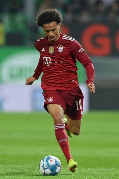 Leroy Sane of FC Bayern Muenchen plays the ball during the Bundesliga match between SpVgg Greuther Fürth and FC Bayern München at Sportpark Ronhof...