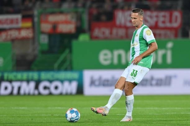 Paul Seguin of SpVgg Greuther Fuerth plays the ball during the Bundesliga match between SpVgg Greuther Fürth and FC Bayern München at Sportpark...