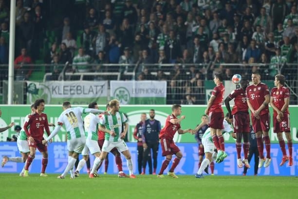 Branimir Hrgota of SpVgg Greuther Fuerth kicks a free kick during the Bundesliga match between SpVgg Greuther Fürth and FC Bayern München at...