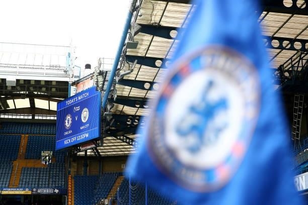 View of the big screen displaying today's match is seen prior to the Premier League match between Chelsea and Manchester City at Stamford Bridge on...