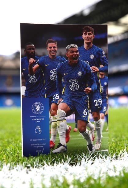 Detailed view of the match day programme is seen prior to the Premier League match between Chelsea and Manchester City at Stamford Bridge on...