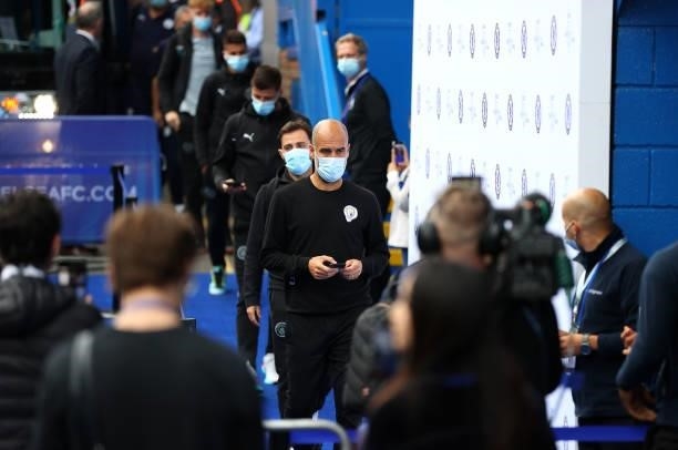 Pep Guardiola, Manager of Manchester City arrives at the stadium prior to the Premier League match between Chelsea and Manchester City at Stamford...