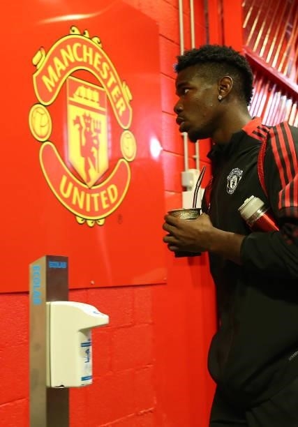 Paul Pogba of Manchester United arrives ahead of the Premier League match between Manchester United and Aston Villa at Old Trafford on September 25,...