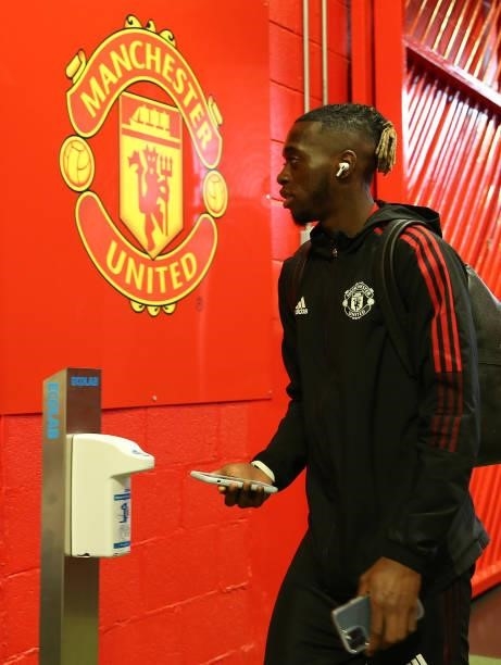 Aaron Wan-Bissaka of Manchester United arrives ahead of the Premier League match between Manchester United and Aston Villa at Old Trafford on...