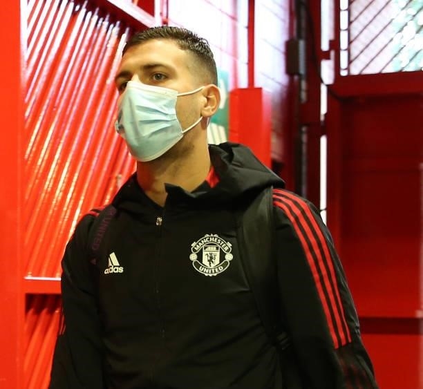 Diogo Dalot of Manchester United arrives ahead of the Premier League match between Manchester United and Aston Villa at Old Trafford on September 25,...