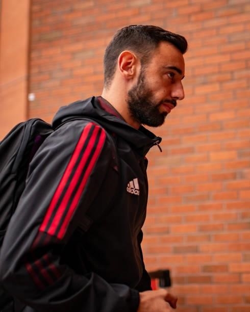 Bruno Fernandes of Manchester United arrives ahead of the Premier League match between Manchester United and Aston Villa at Old Trafford on September...