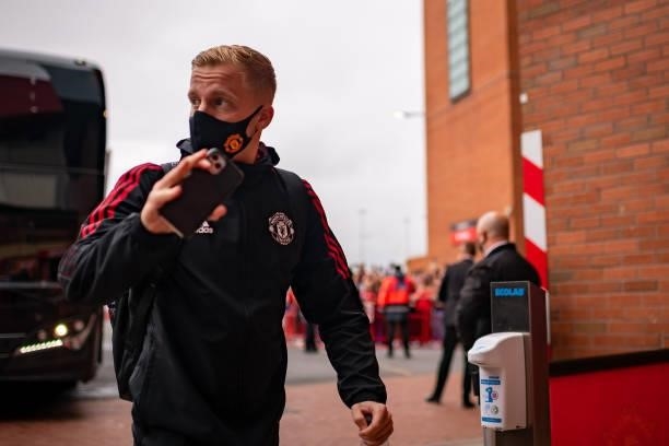 Donny van de Beek of Manchester United arrives ahead of the Premier League match between Manchester United and Aston Villa at Old Trafford on...
