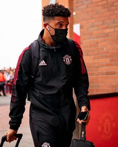 Jadon Sancho of Manchester United arrives ahead of the Premier League match between Manchester United and Aston Villa at Old Trafford on September...