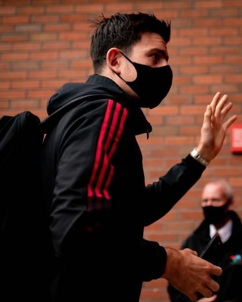 Harry Maguire of Manchester United arrives ahead of the Premier League match between Manchester United and Aston Villa at Old Trafford on September...