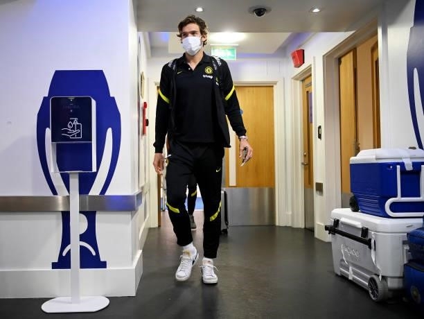 Marcos Alonso of Chelsea arrives at the stadium prior to the Premier League match between Chelsea and Manchester City at Stamford Bridge on September...