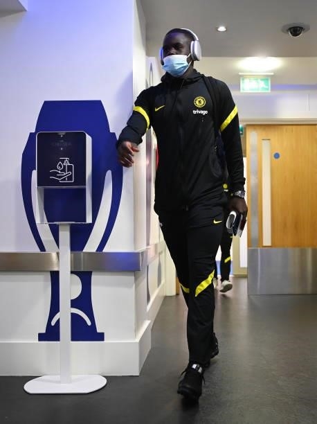 Malang Sarr of Chelsea arrives at the stadium prior to the Premier League match between Chelsea and Manchester City at Stamford Bridge on September...