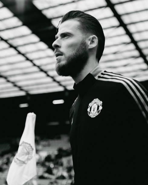 David de Gea Manchester warms up ahead of the Premier League match between Manchester United and Aston Villa at Old Trafford on September 25, 2021 in...
