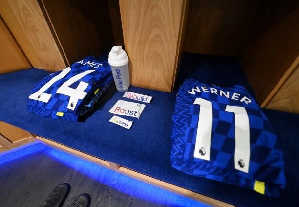 The shirt of Reece James of Chelsea and Timo Werner of Chelsea is seen in the dressing room prior to the Premier League match between Chelsea and...