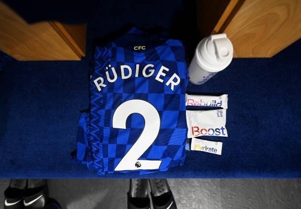 The shirt of Antonio Ruediger of Chelsea is seen in the dressing room prior to the Premier League match between Chelsea and Manchester City at...