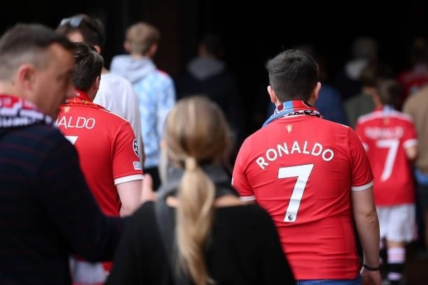 Manchester United fan is seen wearing a Ronaldo shirt outside the ground prior to the Premier League match between Manchester United and Aston Villa...