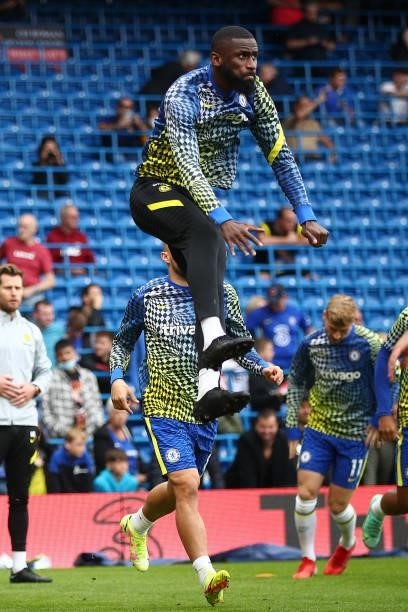 Antonio Ruediger of Chelsea warms up prior to the match between Chelsea and Manchester City at Stamford Bridge on September 25, 2021 in London,...