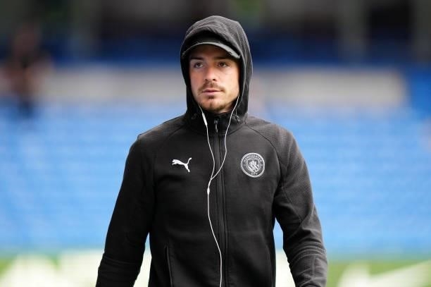 Jack Grealish of Manchester City looks on prior to the Premier League match between Chelsea and Manchester City at Stamford Bridge on September 25,...