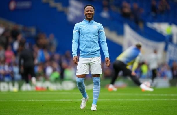 Raheem Sterling of Manchester City warms up prior to the Premier League match between Chelsea and Manchester City at Stamford Bridge on September 25,...