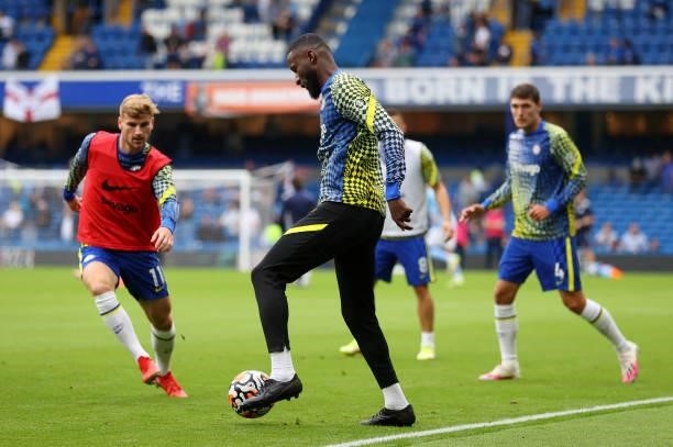 Antonio Ruediger of Chelsea warms up prior to the Premier League match between Chelsea and Manchester City at Stamford Bridge on September 25, 2021...