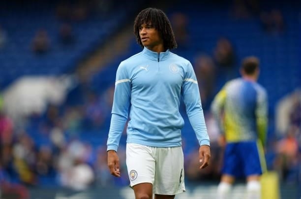 Nathan Ake of Manchester City looks on prior to the Premier League match between Chelsea and Manchester City at Stamford Bridge on September 25, 2021...
