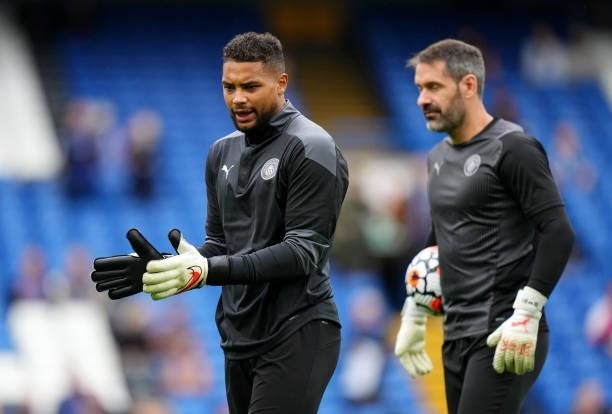 Scott Carson of Manchester City interacts with Zack Steffen of Manchester City prior to the Premier League match between Chelsea and Manchester City...