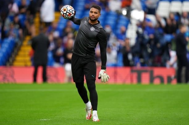 Zack Steffen of Manchester City warms up prior to the Premier League match between Chelsea and Manchester City at Stamford Bridge on September 25,...