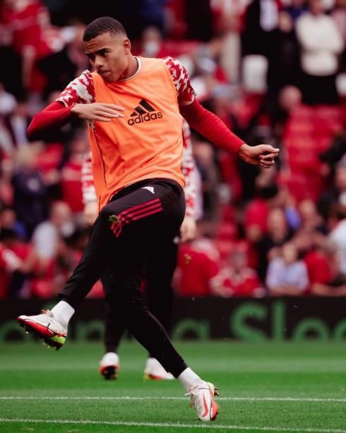 Mason Greenwood of Manchester United warms up ahead of the Premier League match between Manchester United and Aston Villa at Old Trafford on...