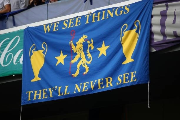 General view of a Chelsea flag ahead of the Premier League match between Chelsea and Manchester City at Stamford Bridge on September 25, 2021 in...