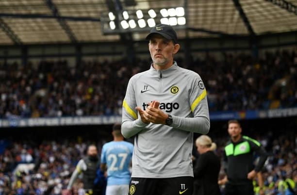 Thomas Tuchel, Manager of Chelsea looks on prior to the Premier League match between Chelsea and Manchester City at Stamford Bridge on September 25,...