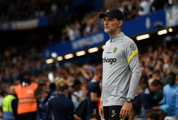 Thomas Tuchel, Manager of Chelsea looks on prior to the Premier League match between Chelsea and Manchester City at Stamford Bridge on September 25,...