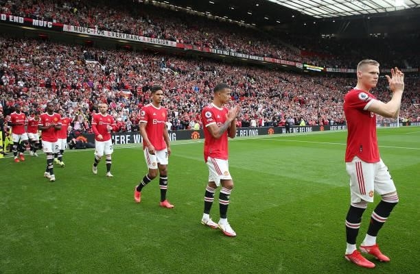 Scott McTominay, Mason Greenwood, Raphael Varane, Luke Shaw, Aaron Wan-Bissaka of Manchester United walk out ahead of the Premier League match...