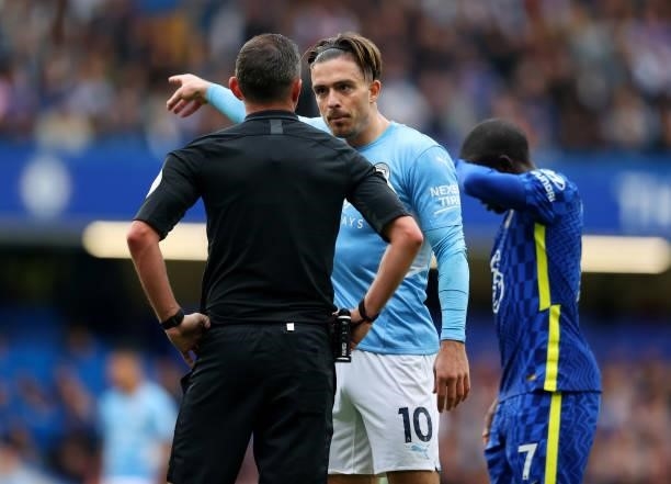 Jack Grealish of Manchester City speaks to the referee during the Premier League match between Chelsea and Manchester City at Stamford Bridge on...