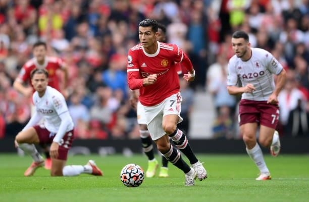 Cristiano Ronaldo of Manchester United makes a run during the Premier League match between Manchester United and Aston Villa at Old Trafford on...