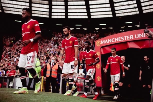 Fred, Bruno Fernandes, Paul Pogba and Cristiano Ronaldo of Manchester United walk out ahead of the Premier League match between Manchester United and...