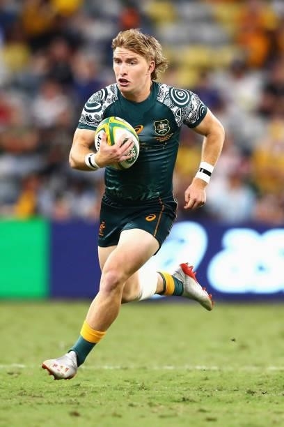 Tate McDermott of the Wallabies makes a break during The Rugby Championship match between the Australian Wallabies and Argentina Pumas at QCB Stadium...