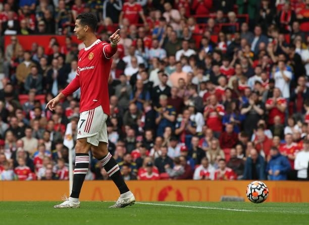 Cristiano Ronaldo of Manchester United reacts to a missed chance during the Premier League match between Manchester United and Aston Villa at Old...