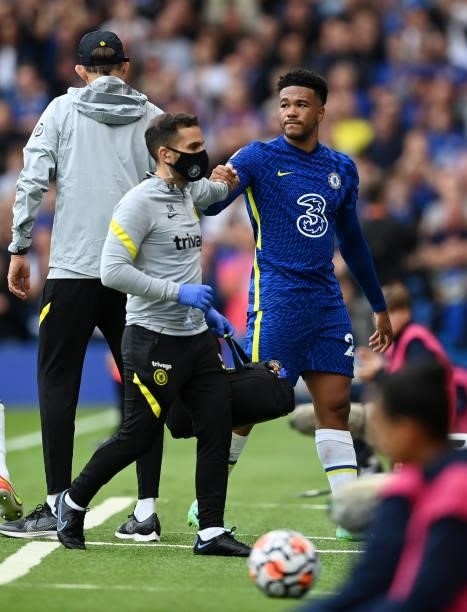 Reece James of Chelsea looks on after being substituted for Thiago Silva of Chelsea during the Premier League match between Chelsea and Manchester...