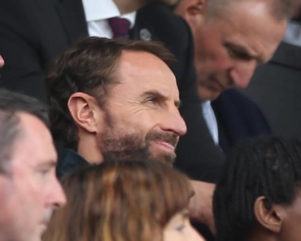 England manager Gareth Southgate watches from the directors' box during the Premier League match between Manchester United and Aston Villa at Old...