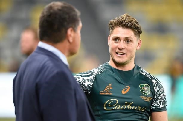 James O'Connor of the Wallabies speaks with Wallabies coach Dave Rennie during The Rugby Championship match between the Australian Wallabies and...